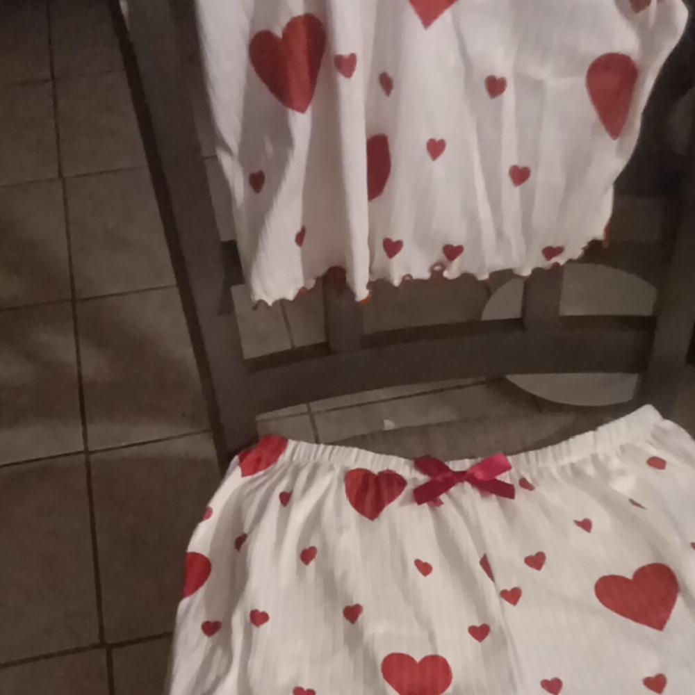 White Pajama Set with Red Hearts